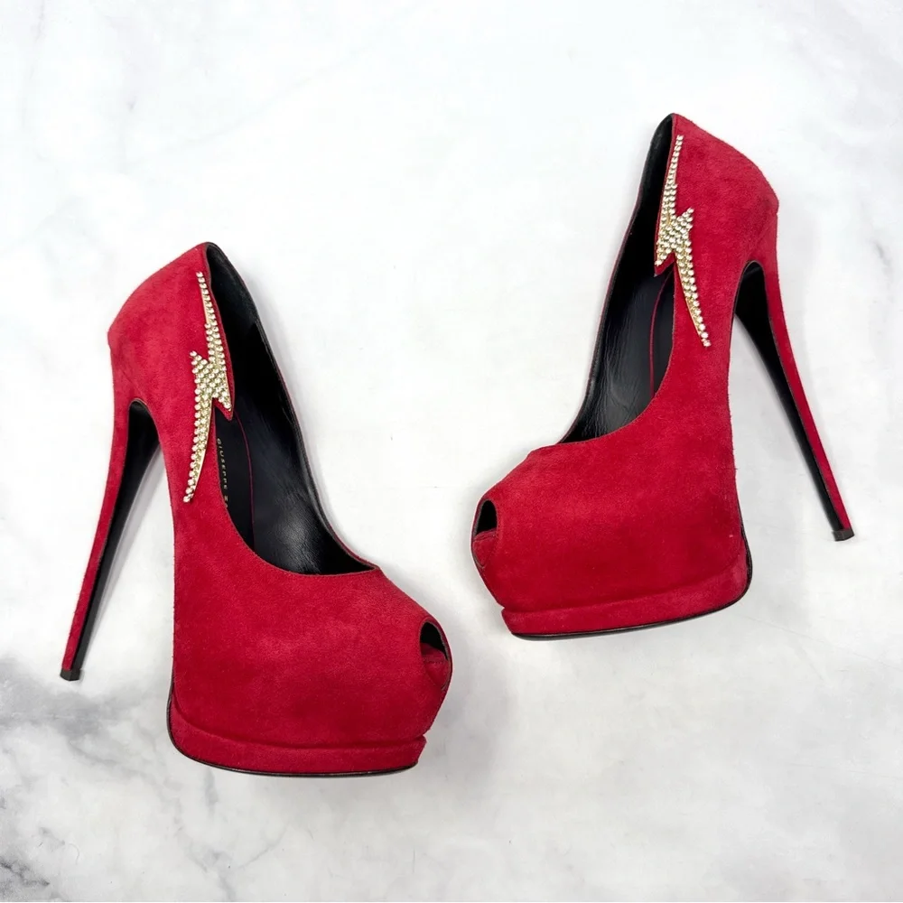 Giuseppe Zanotti Sharon Rhinestone Lightning Bolt Suede Platform Heels Red 38 - Picture 2 of 15